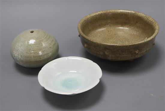 A Chinese guan style tripod censer, a Qingbai dish and a pottery vase